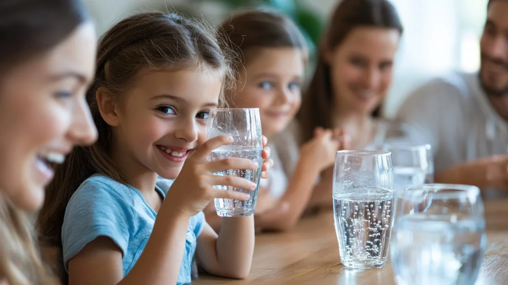 A family gathered around a table, each with a glass of drinking water