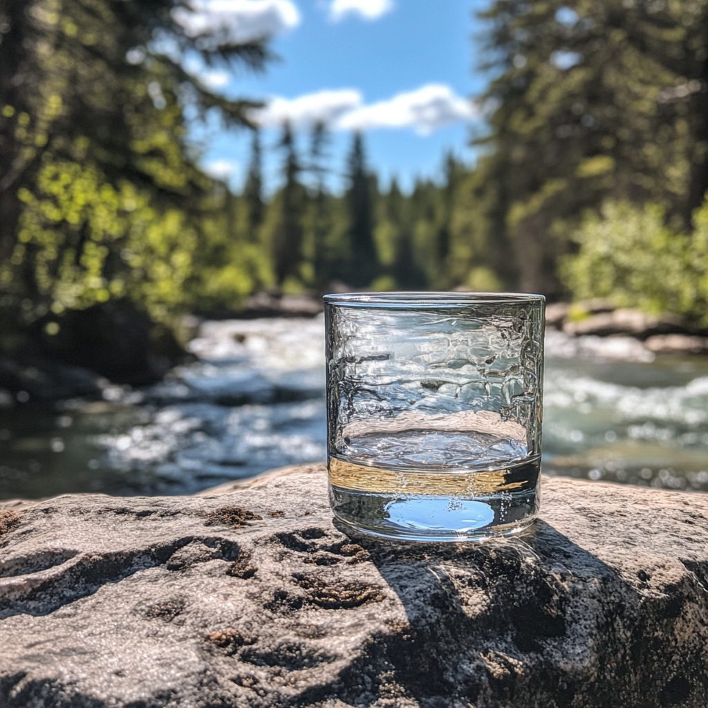 glass-water-sits-rock-with-trees-background